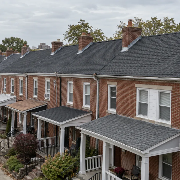 Attached brick rowhomes sharing one pitched shingle roofline with chimneys on the party walls