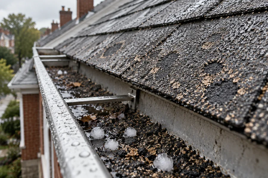 Shingle granules washed into a gutter below hail-bruised shingles