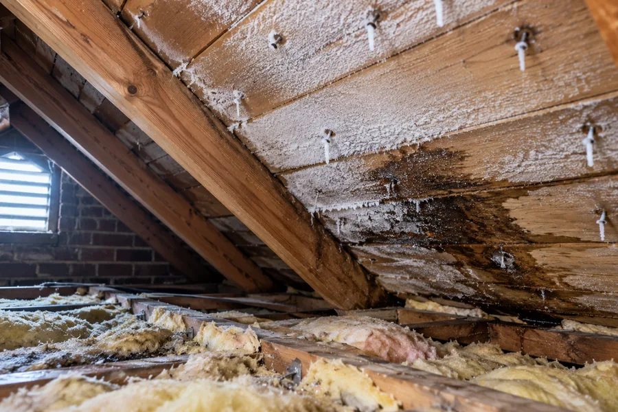 Frost on the roof decking and nails inside a cold attic