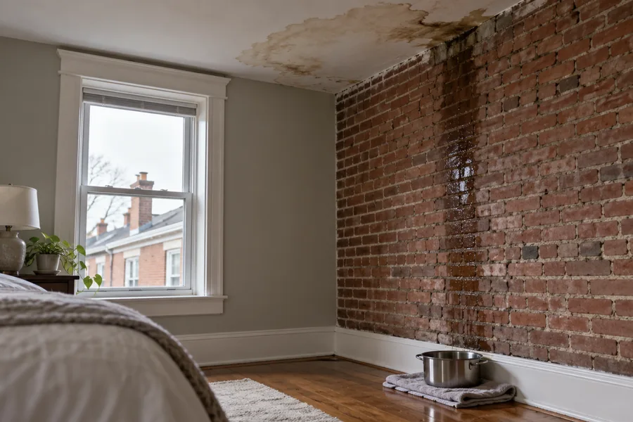 Water stain on a plaster ceiling along the shared brick wall of a rowhome